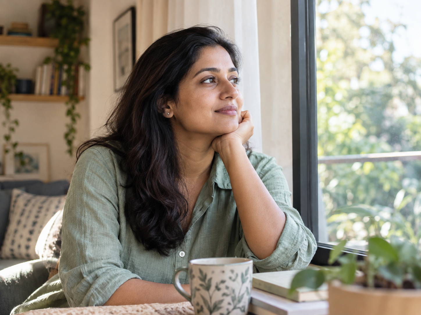A woman taking a quiet moment beside a sunlit window with greenery outside