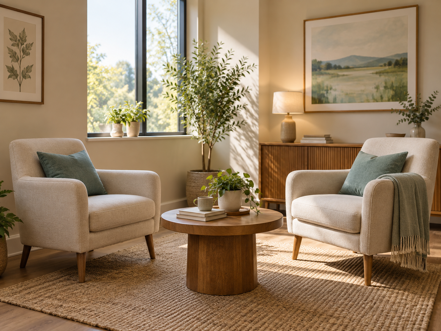 Two comfortable ivory armchairs and indoor plants in a softly sunlit consultation room
